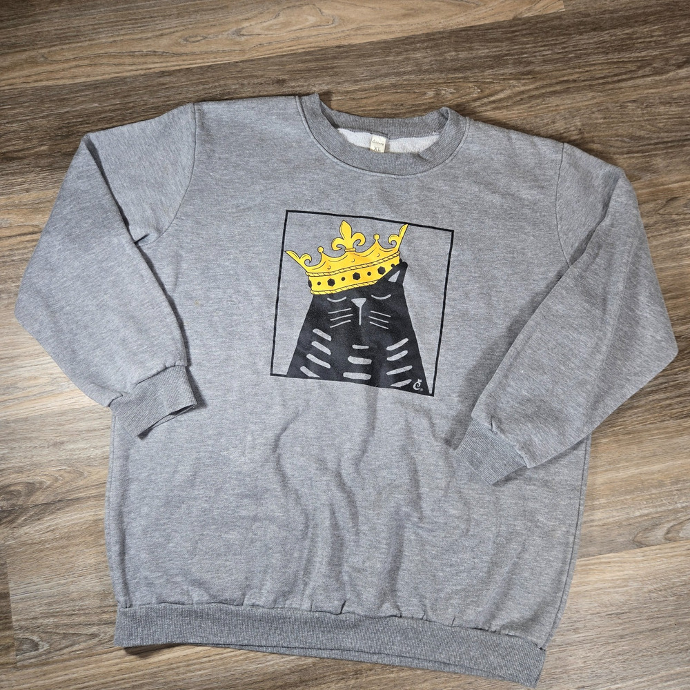 King Queen Cats Rule Sweatshirt Womens XL Gray Oversized Cat Lady Graphic Crew